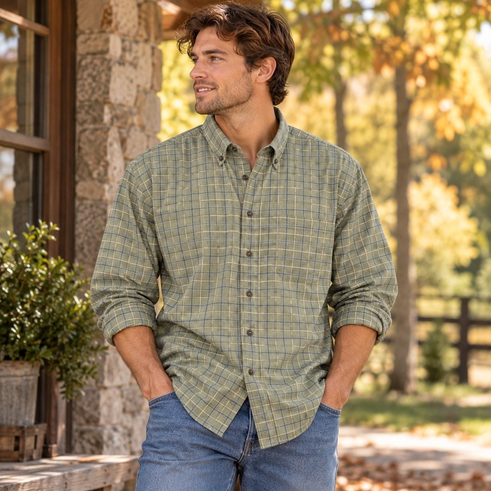 Orvis Signature Collection Shirt Plaid Button Down Green Blue Cotton Men's Large